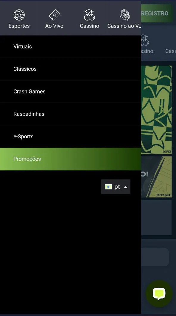 F12bet app menu.